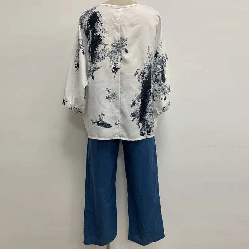 Women Cotton Linen Tank Shirt & Pants Relaxed Fit S-5XL Loose Solid Color Pants & Flora Short Shirt  Cotton Linen Two-piece Matching Set