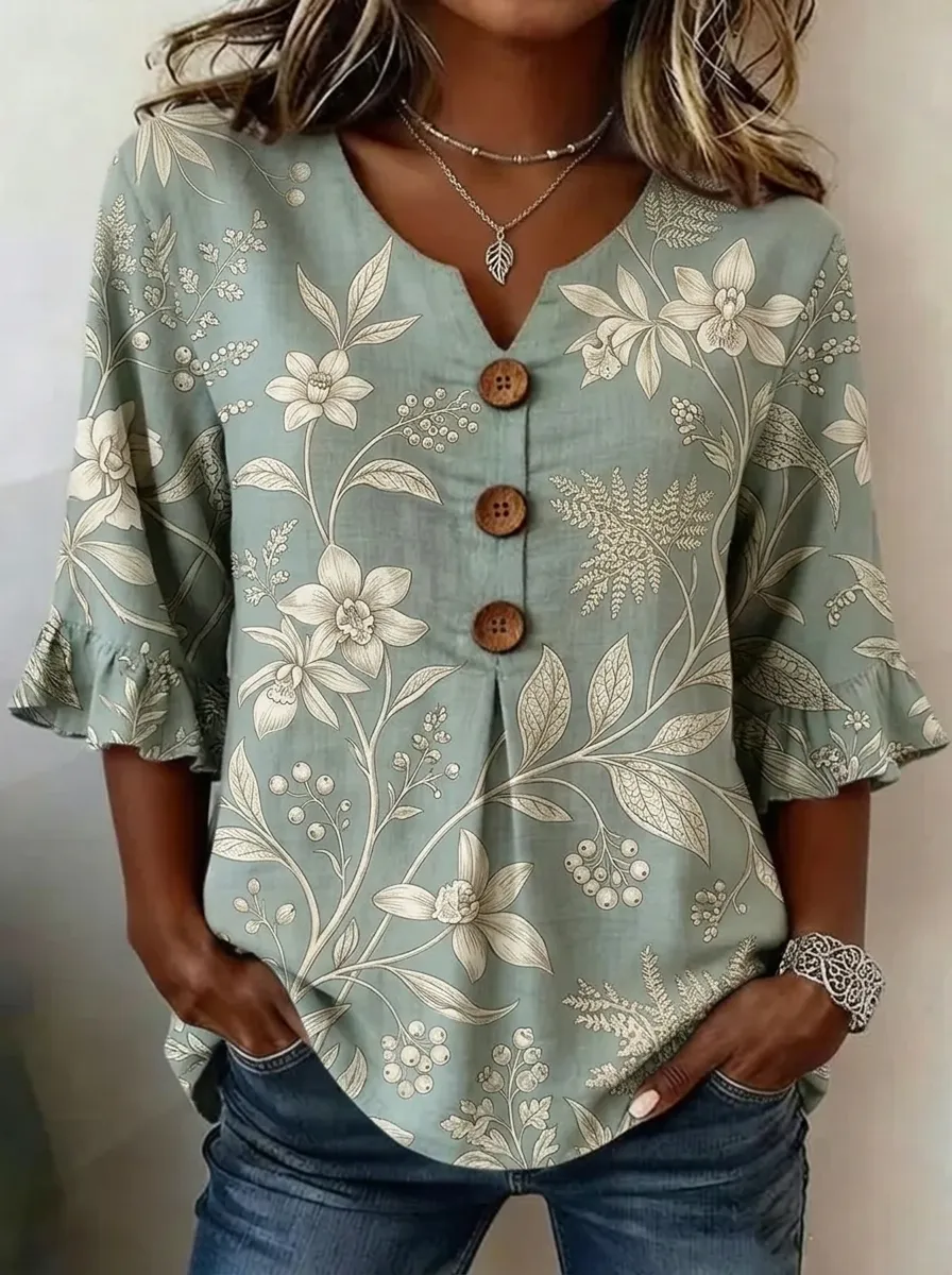 Women's Nashville Botanical Floral Printed V-Neck Button Top