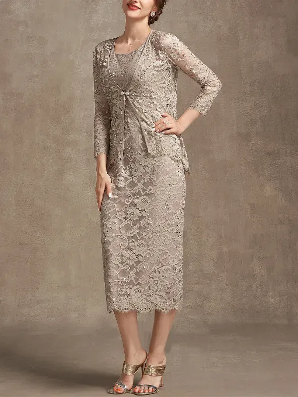 Lace Tea Roval Neck Dress Top Suit