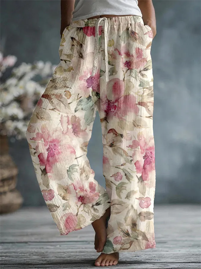 Women'S Floral Art Linen Blended Pants
