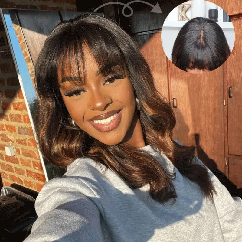 Ombre Chestnut Brown Highlights Designer Layered Wavy Curtain Bangs 9×6 / 5x5 Glueless Closure Body Wave Wig