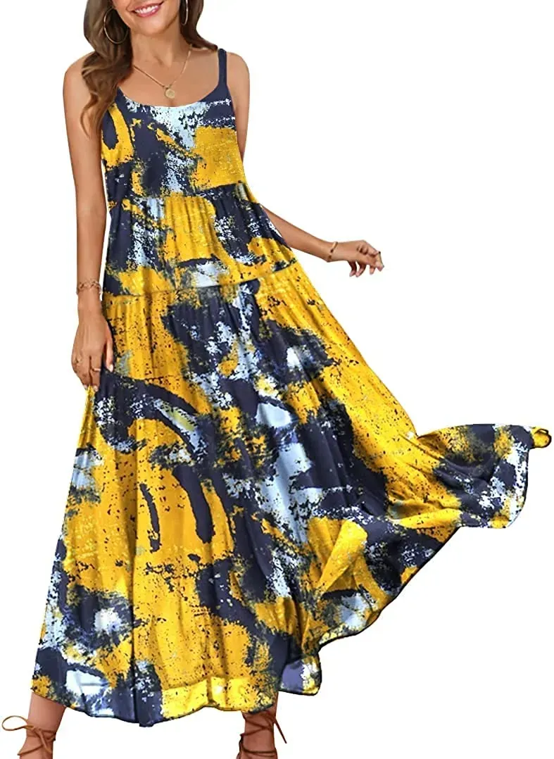 Summer Dresses for Women Casual Loose Bohemian Floral Dress with Pockets Spaghetti Strap Maxi Dress E75