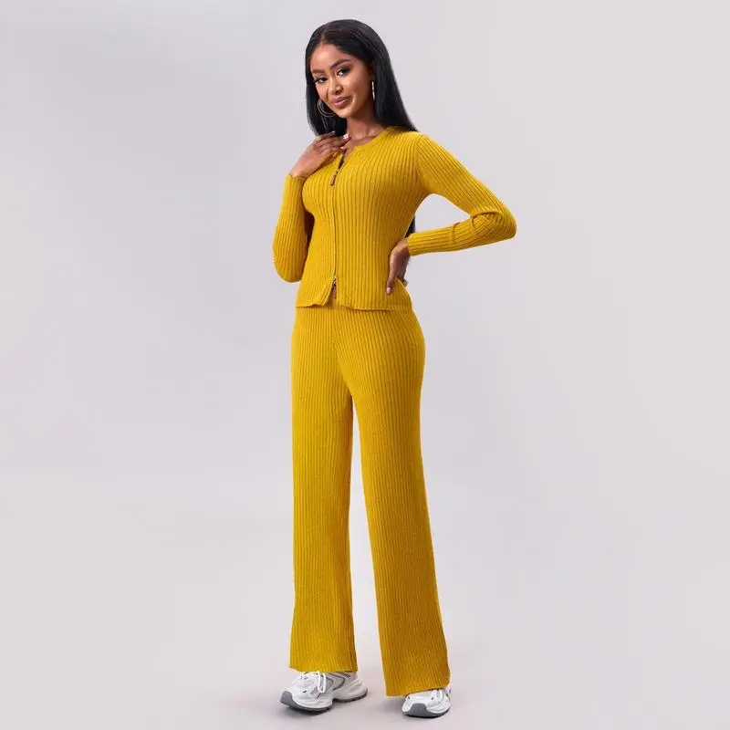 Women's Comfy Solid Color Ribbed Zip-Up Sweater & Wide Leg Trousers Co-ord