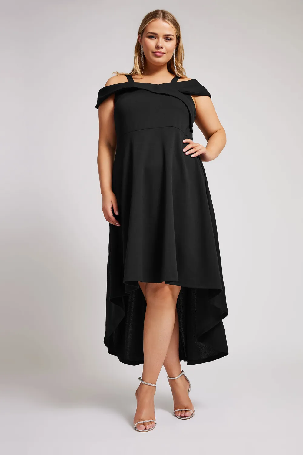 YOURS LONDON Curve Black Bardot Dipped Hem Dress