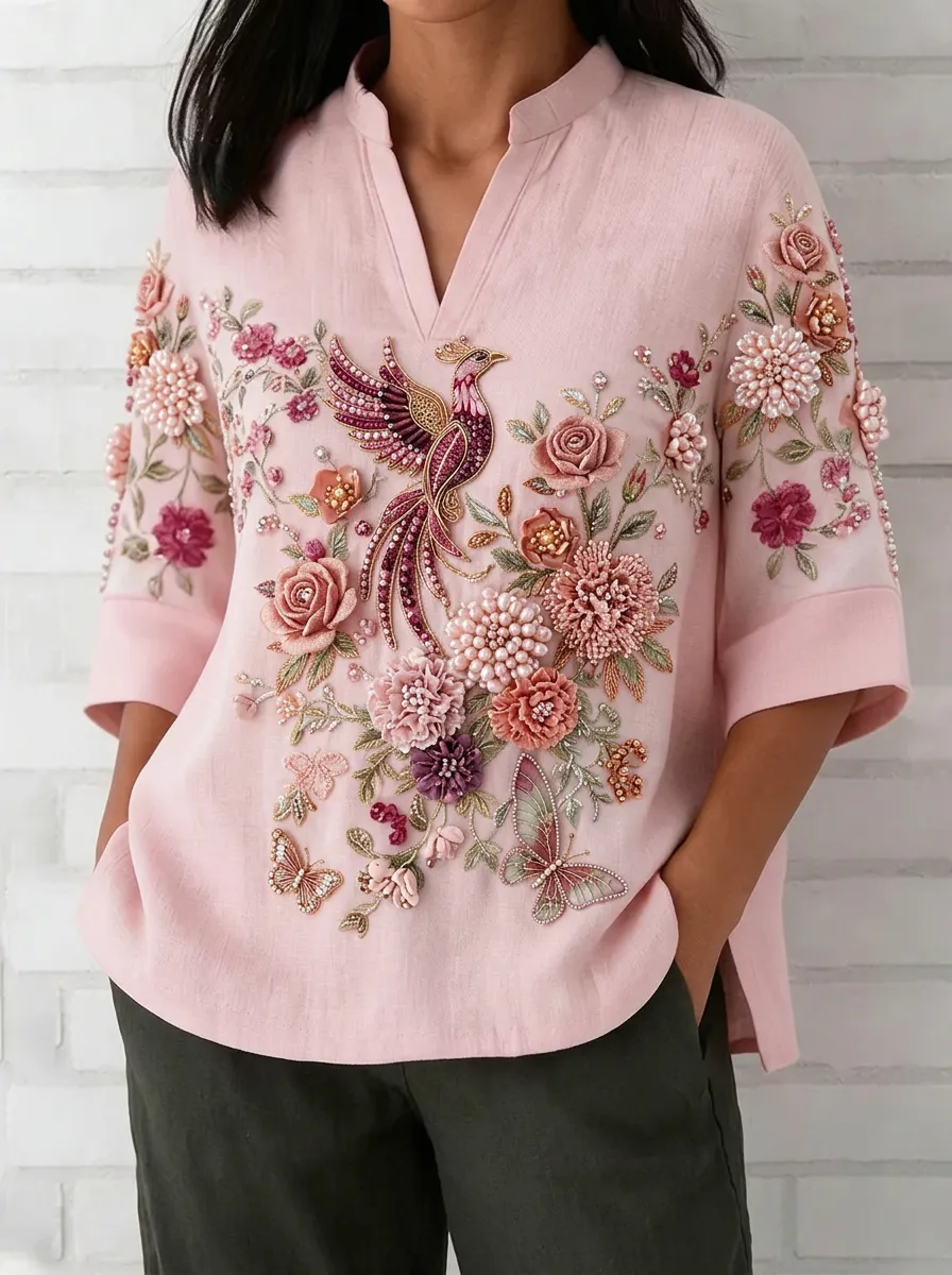 Women's Nashville Phoenix Floral Butterfly Embroidered Printed Top