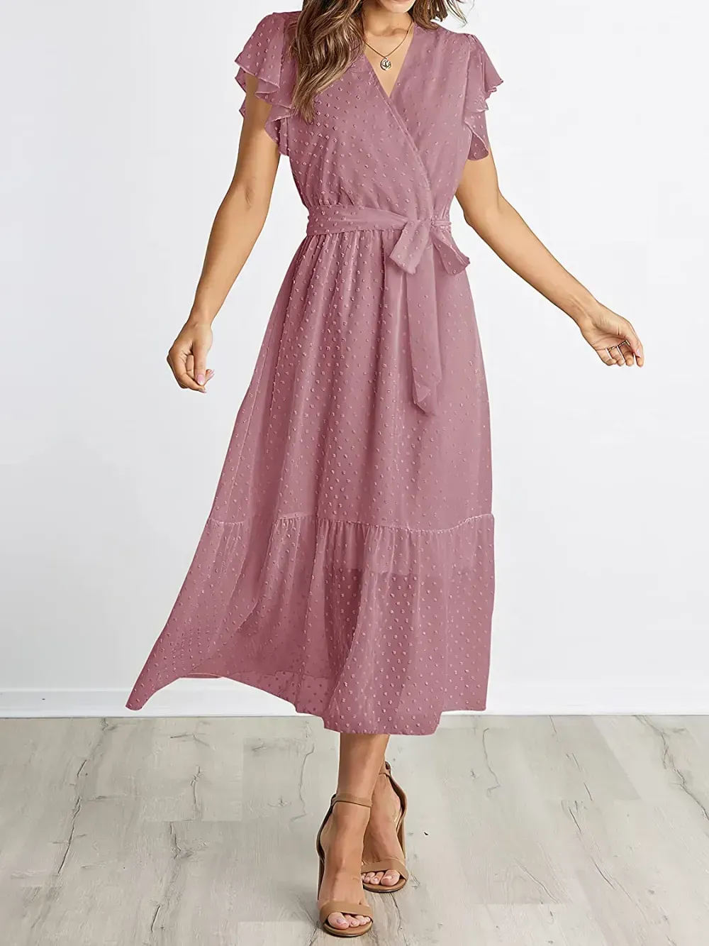 Women Summer Bohemian Floral Casual Wrap V Neck Ruffle Cap Sleeveless Belt A-Line Pleated Hem Swing Midi Sun Dress