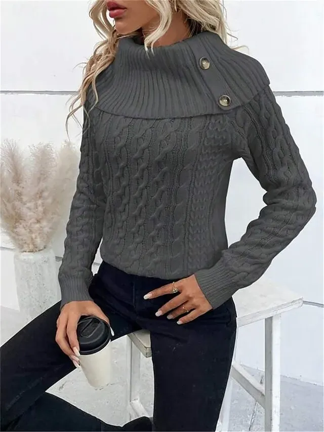 Women's Sweater Pullover Sweater Jumper Casual Soft Pure Color Ribbed Turtleneck Buttons Knitted Long Sleeve Regular Tops Knit Outdoor Daily Weekend Wine Khaki Fall Winter