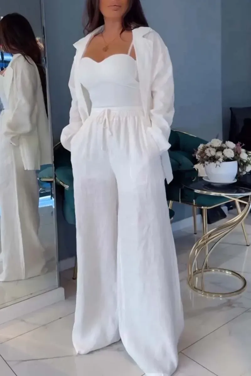 Women's casual suit wide leg pants cotton and linen two-piece set
