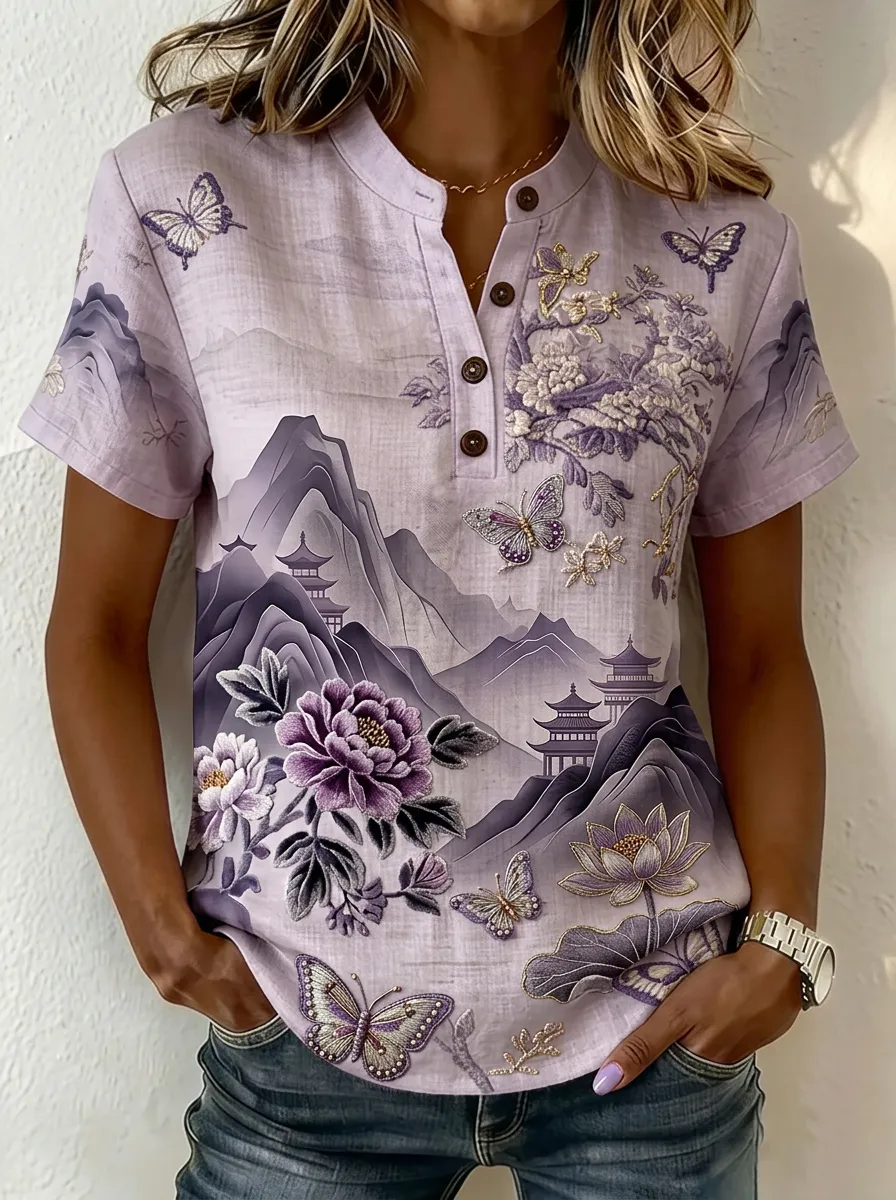 Women's Nashville Mountain Butterfly Floral Printed Henley Shirt