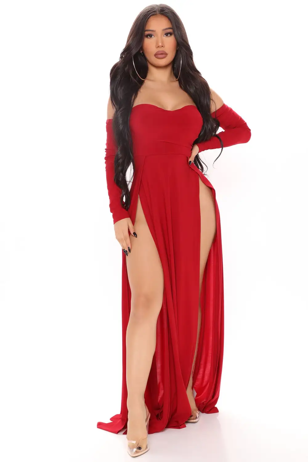 Elegantly Fab Off Shoulder Maxi Dress - Wine