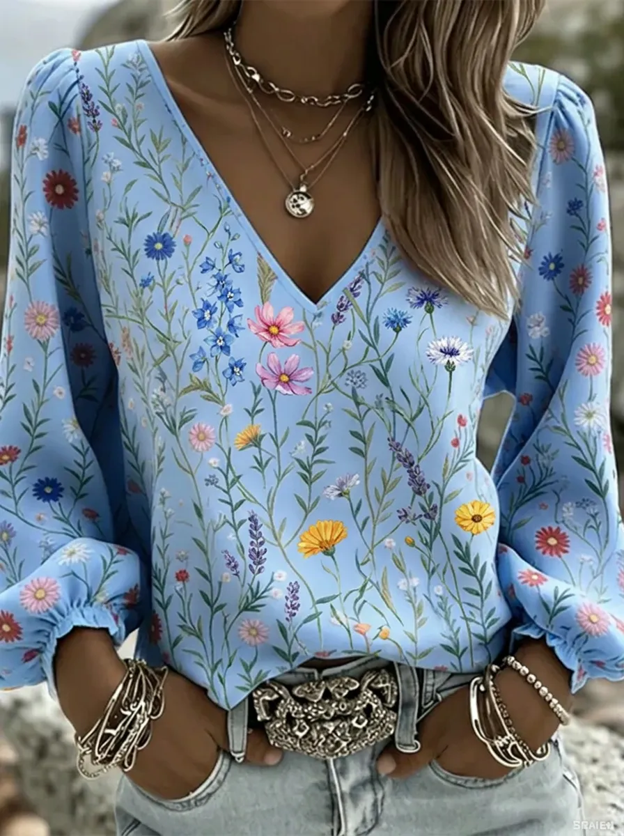 Women's Nashville Floral Wildflower Printed V-Neck Top
