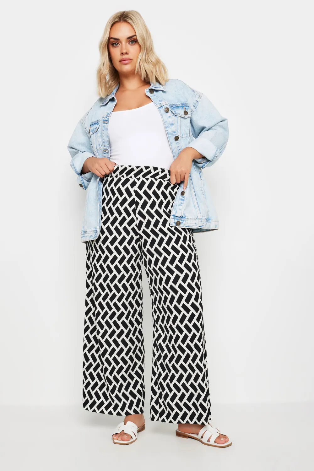 YOURS Curve Blue Abstract Print Textured Wide Leg Trousers