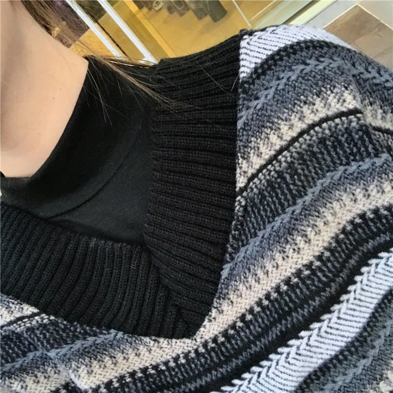 Loose V-neck Striped Sweater