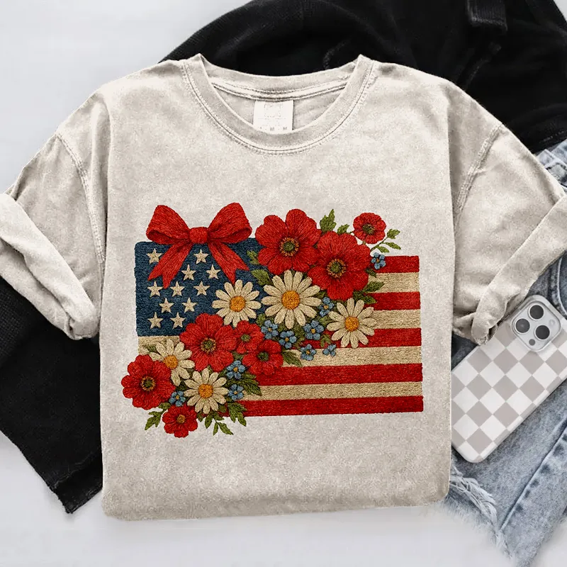 Floral American Flag Embroidered Vintage T Shirt
