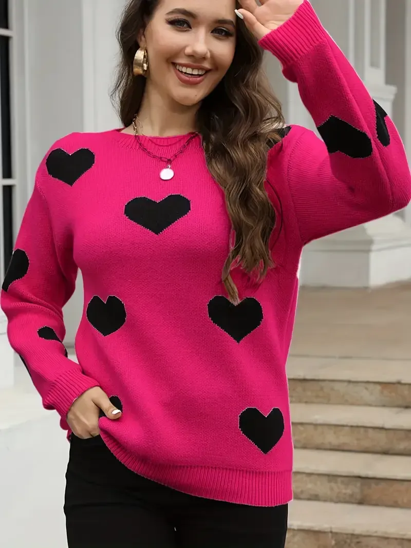 Women'S Heart Pattern Viscose Pullover Sweater, Long Sleeve Crew Neck Knit Top