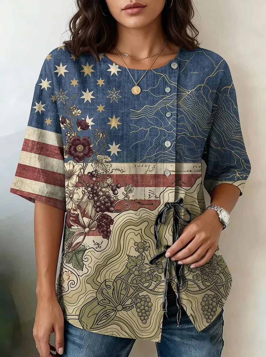 Women's Nashville USA Flag Grape Vine Printed Button-Up Top