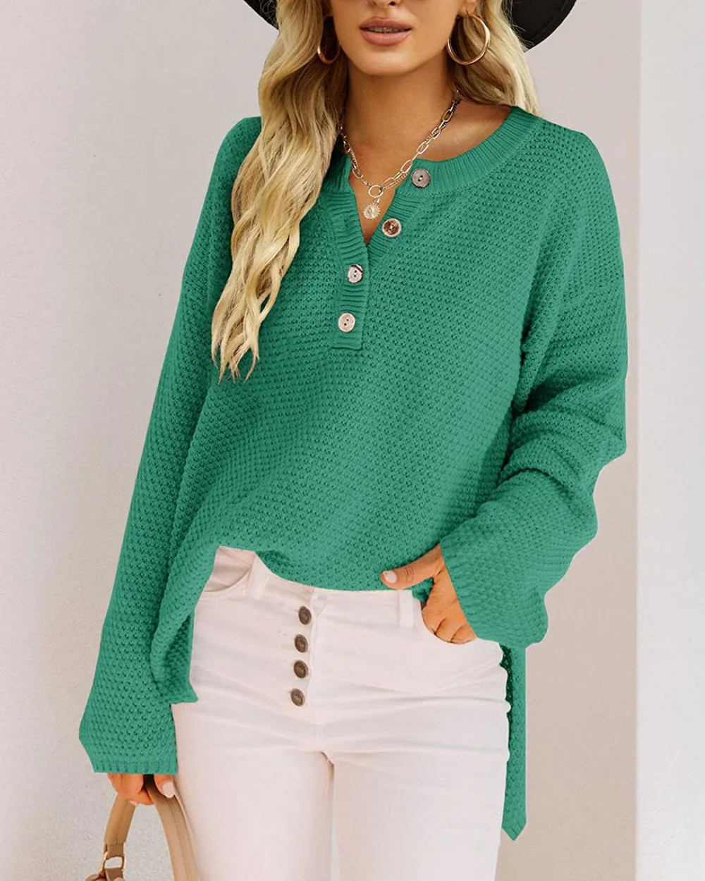 Women's Oversized Sweaters Batwing Long Sleeve Loose V Neck Button Henley Tops Pullover Knit Jumper