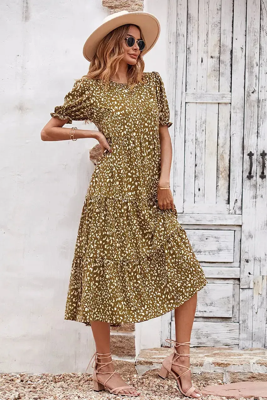 Floral Print Ruffle Puff Sleeve High Waist Midi Dresses