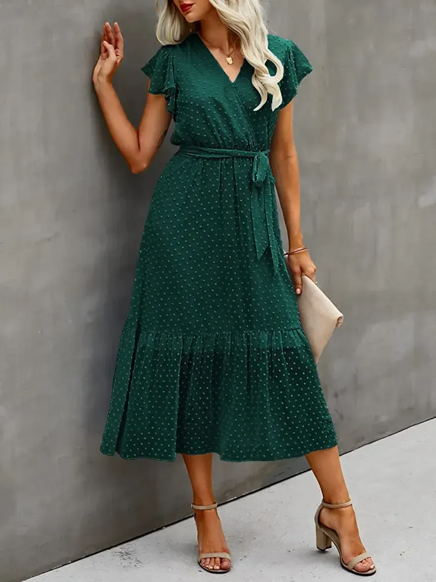 Women Summer Bohemian Floral Casual Wrap V Neck Ruffle Cap Sleeveless Belt A-Line Pleated Hem Swing Midi Sun Dress