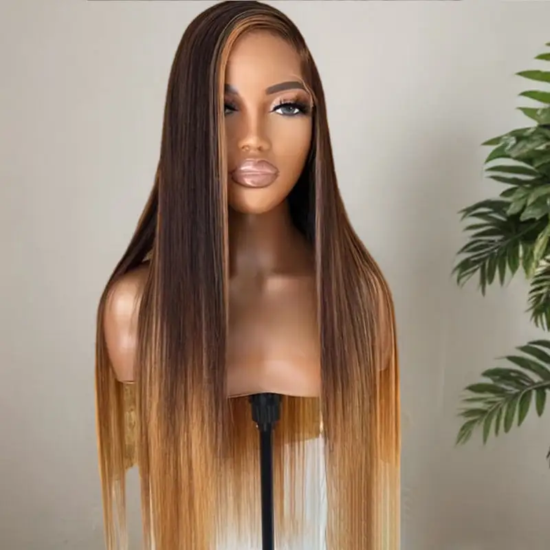 Silky Straight Dark Brown with Chestnut Brown Highlights Wig 5x5/13x6 Light Brown Highlights 180% Density Wig