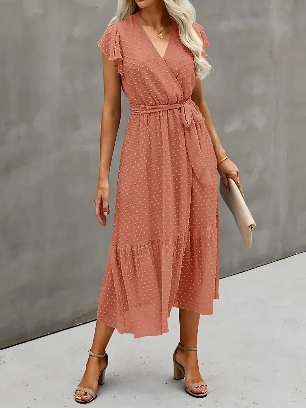 Women Summer Bohemian Floral Casual Wrap V Neck Ruffle Cap Sleeveless Belt A-Line Pleated Hem Swing Midi Sun Dress