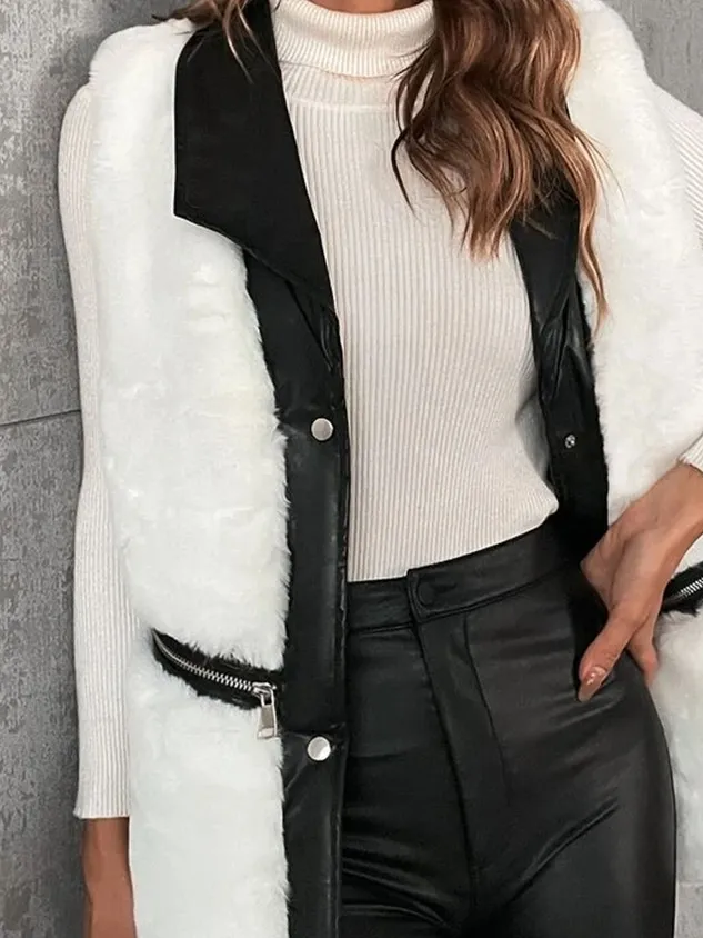 Loose Plain Casual Fluff/Granular Fleece Fabric Color Block Vest