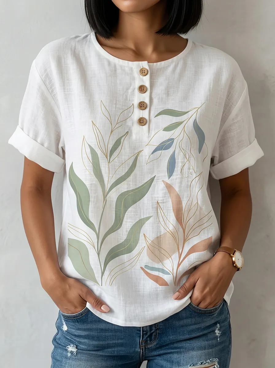 Women's Nashville Botanical Leaf Printed Henley Shirt