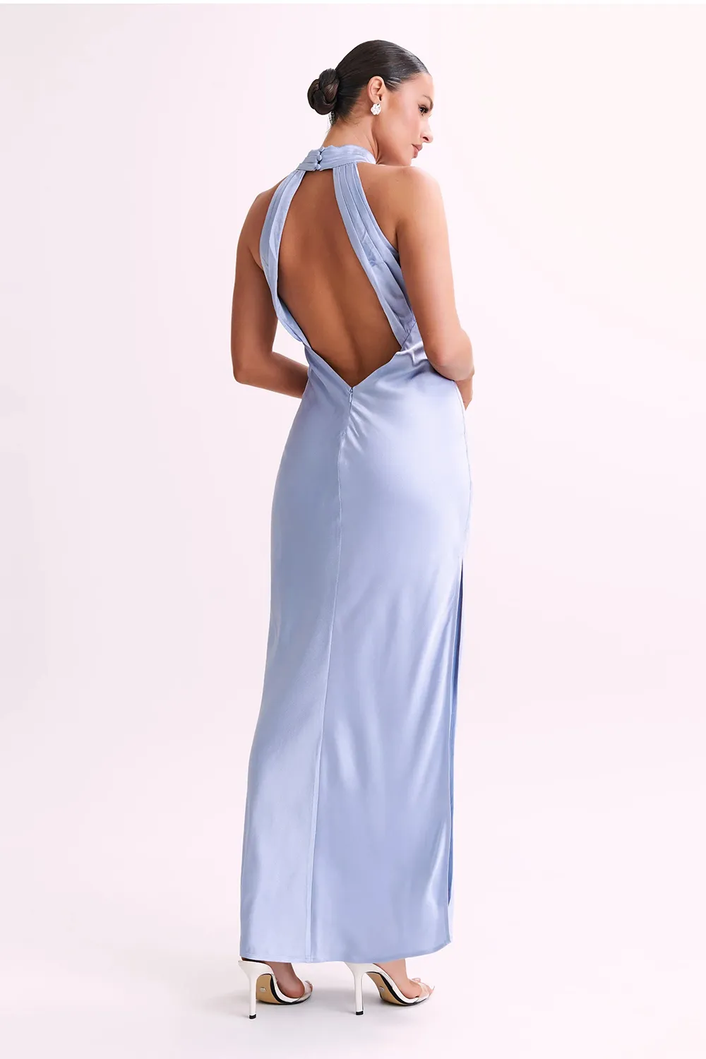 Satin Drape Back Maxi Dress with Split - Black