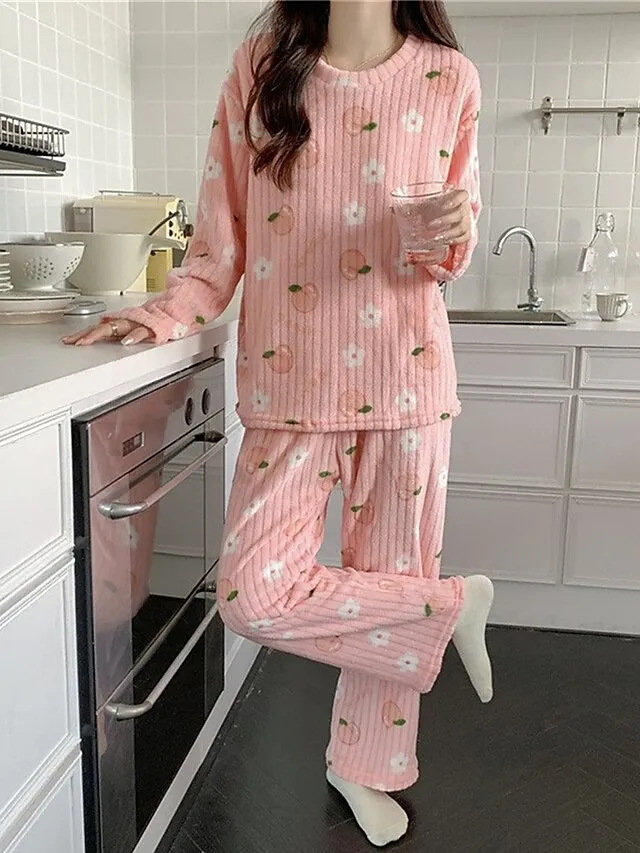 Women‘s Fleece Pajamas Sets Fluffy Fuzzy Warm Pajama Fruit Bear Plush Casual Comfort Home Daily Bed Coral Fleece Coral Velvet Warm Crew Neck Long Sleeve Pant Fall Winter Black bow Peach Pink