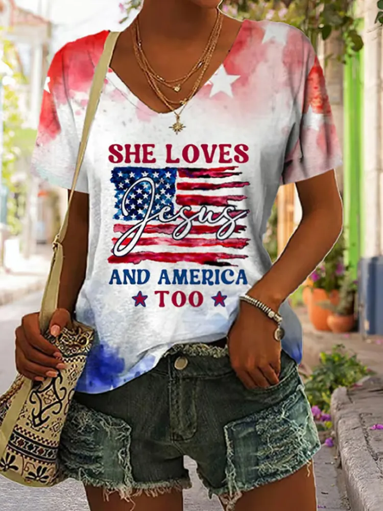 Women's Flag Independence Day She Loves God And America Printed Casual T-shirt