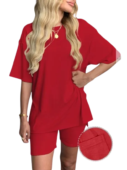 Women's Solid Color Tee & Shorts Loungewear Set