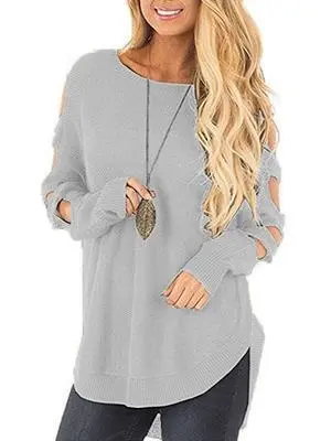 Solid Color Long Sleeve Knitted Hollow Sweater