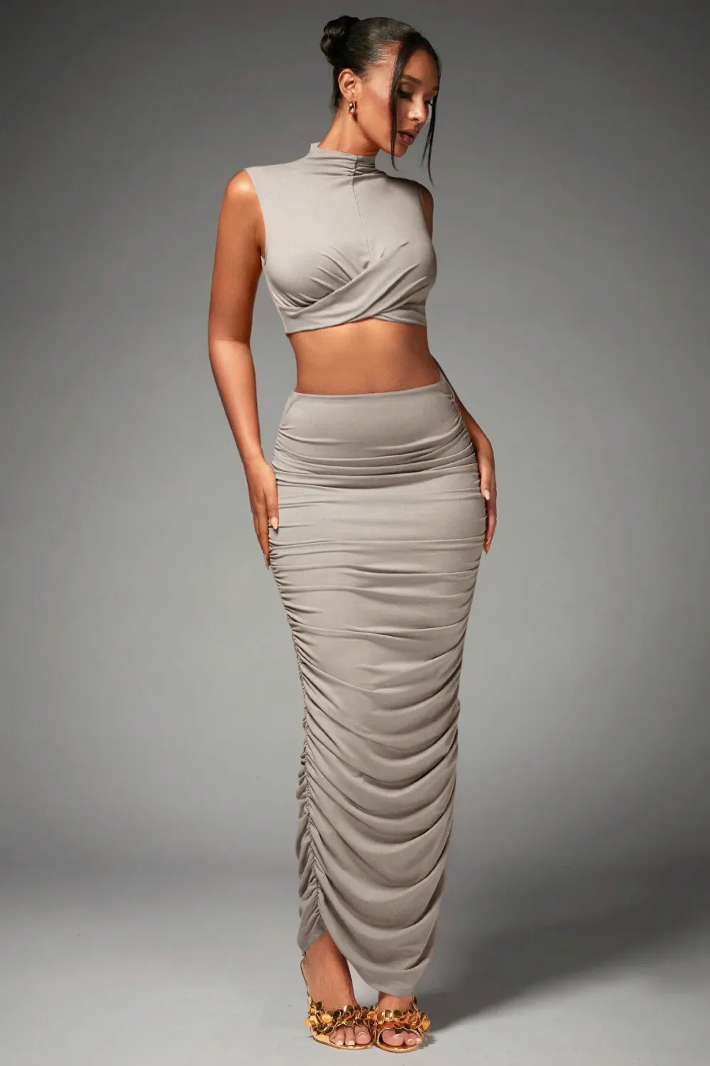 BAE Women's Mock Neck Pleated Crop Top And Skirt Set