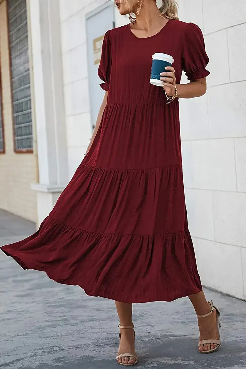 Floral Print Ruffle Puff Sleeve High Waist Midi Dresses
