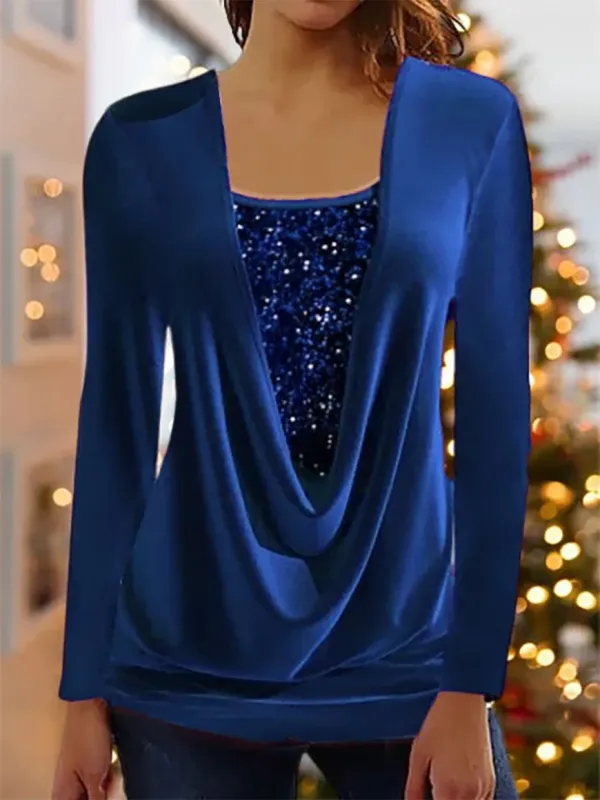Round Neck Casual Solid Sequin Blouses
