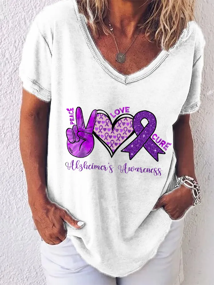 Women'S V-Neck Short-Sleeved T-Shirt Peace Love Cure Alzheimer'S Awareness Prints