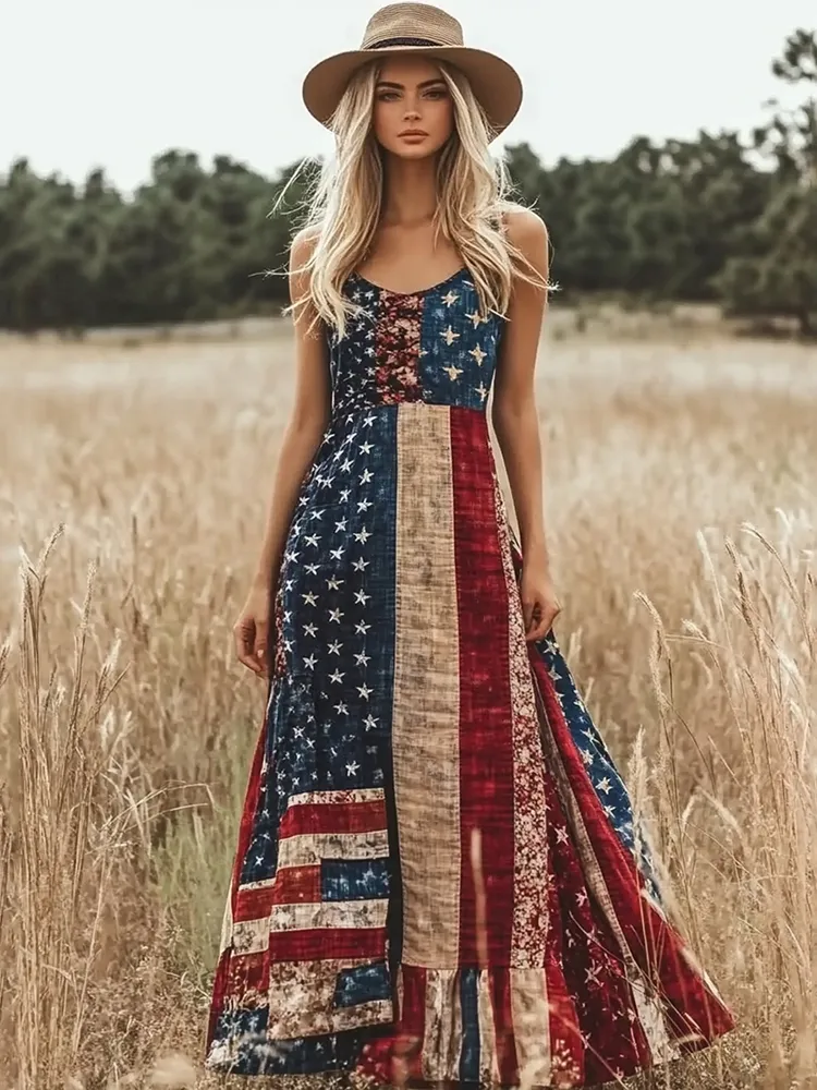 Women's Vintage Independence Day Flag Patchwork V-neck Sleeveless Midi Dress