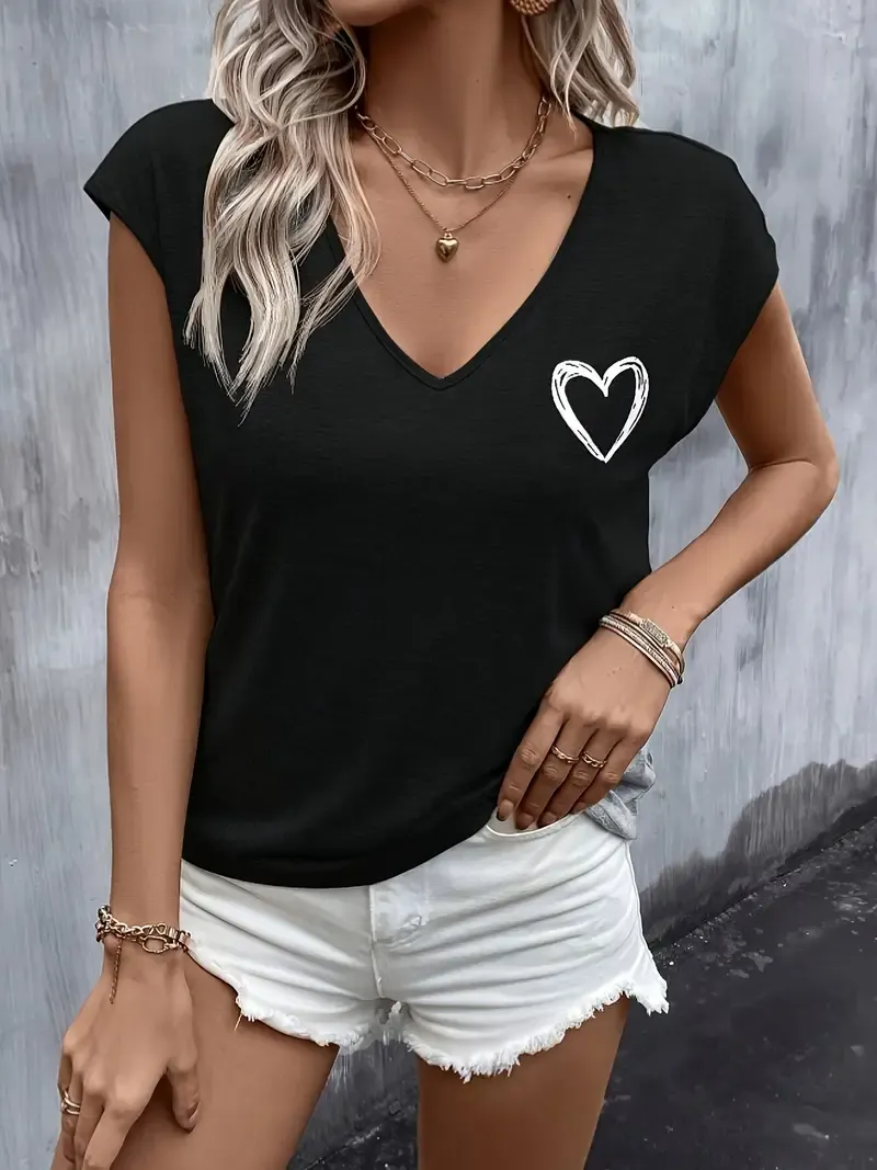 Heart Print V Neck T-shirt, Casual Cap Sleeve Top For Spring & Summer, Women's Clothing