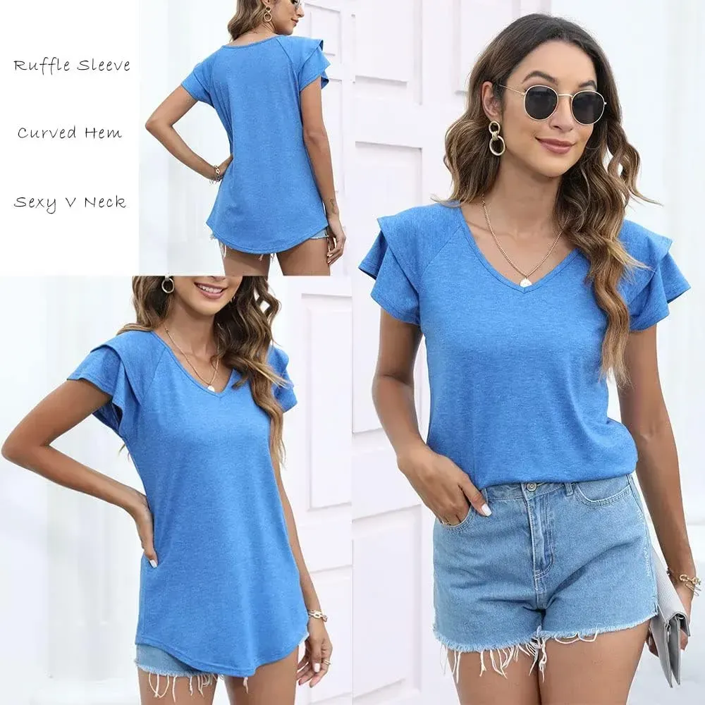 T&Twenties Womens Summer Tops Ruffle Short Sleeve Tunic Tops V Neck Loose Fit Flowy T-Shirts