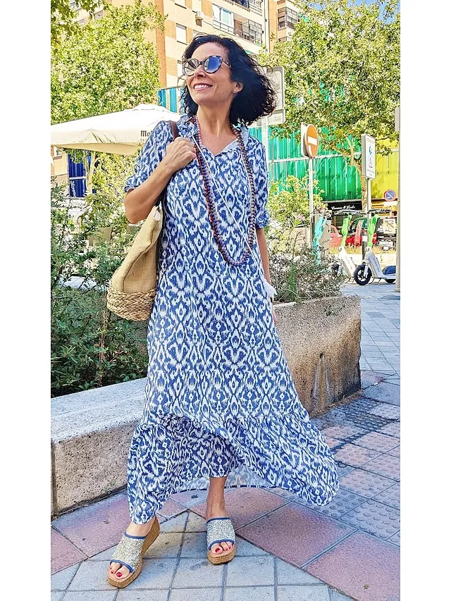 Women‘s A Line Dress Maxi long Dress Purple Half Sleeve Print Ruched Print Spring Summer V Neck Casual Vacation 2023 3XL