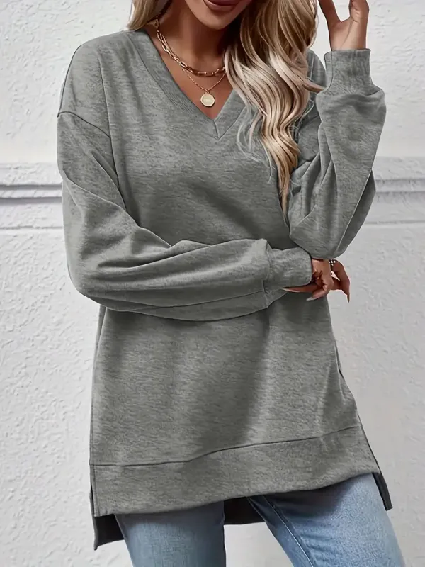 Women's Elegant Polyester V-Neck Sweater with Asymmetrical Hem and Drop Shoulder Design, Solid Color Knit Fabric Top for Fall/Winter - For Women - Stylish & Cozy - Perfect for Casual & Formal Occasions - Ideal Gift for Fashionable Ladies