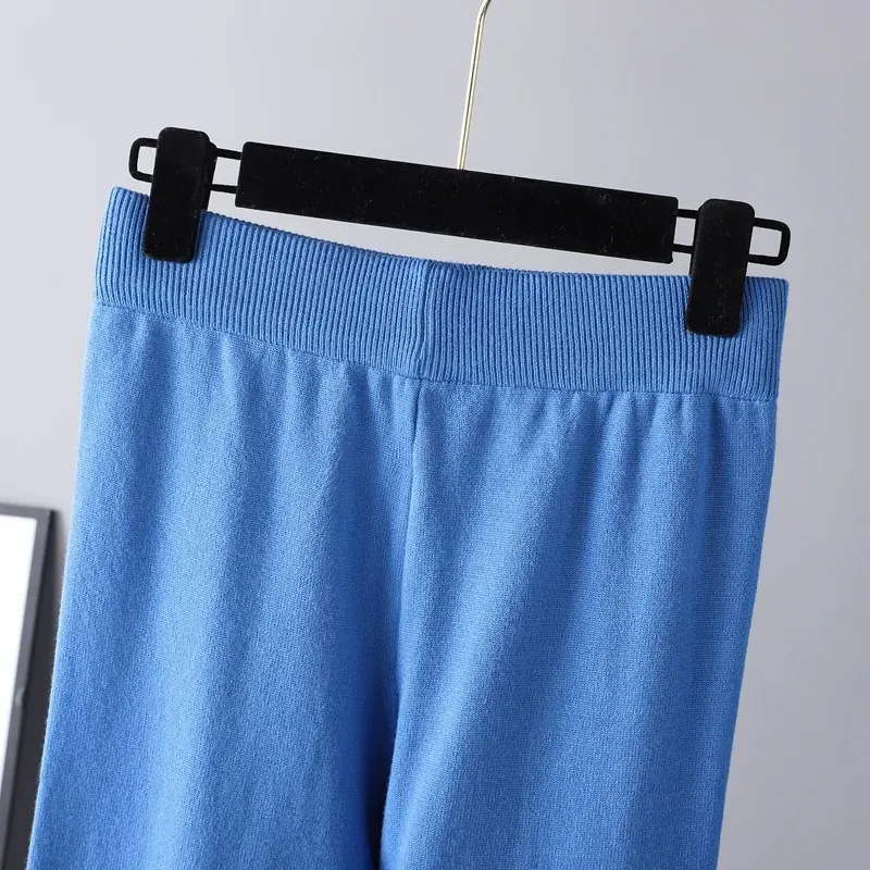 Solid color crew neck sweater knitted two-piece set