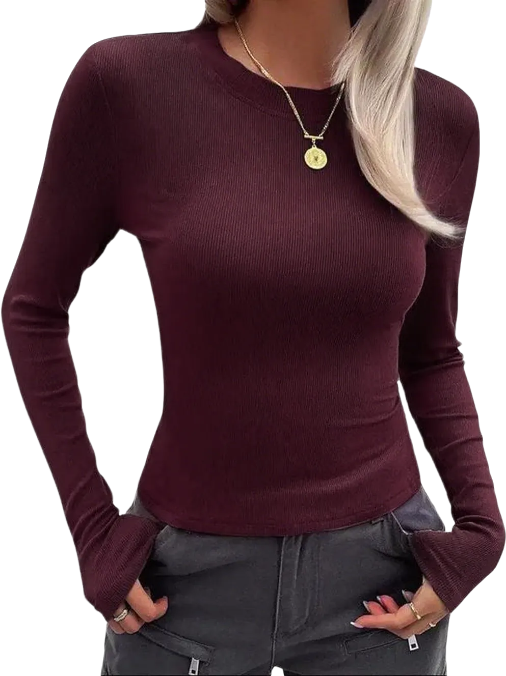 Women Long Sleeve Stretch Slim Round Neck Ribbed Basic Top