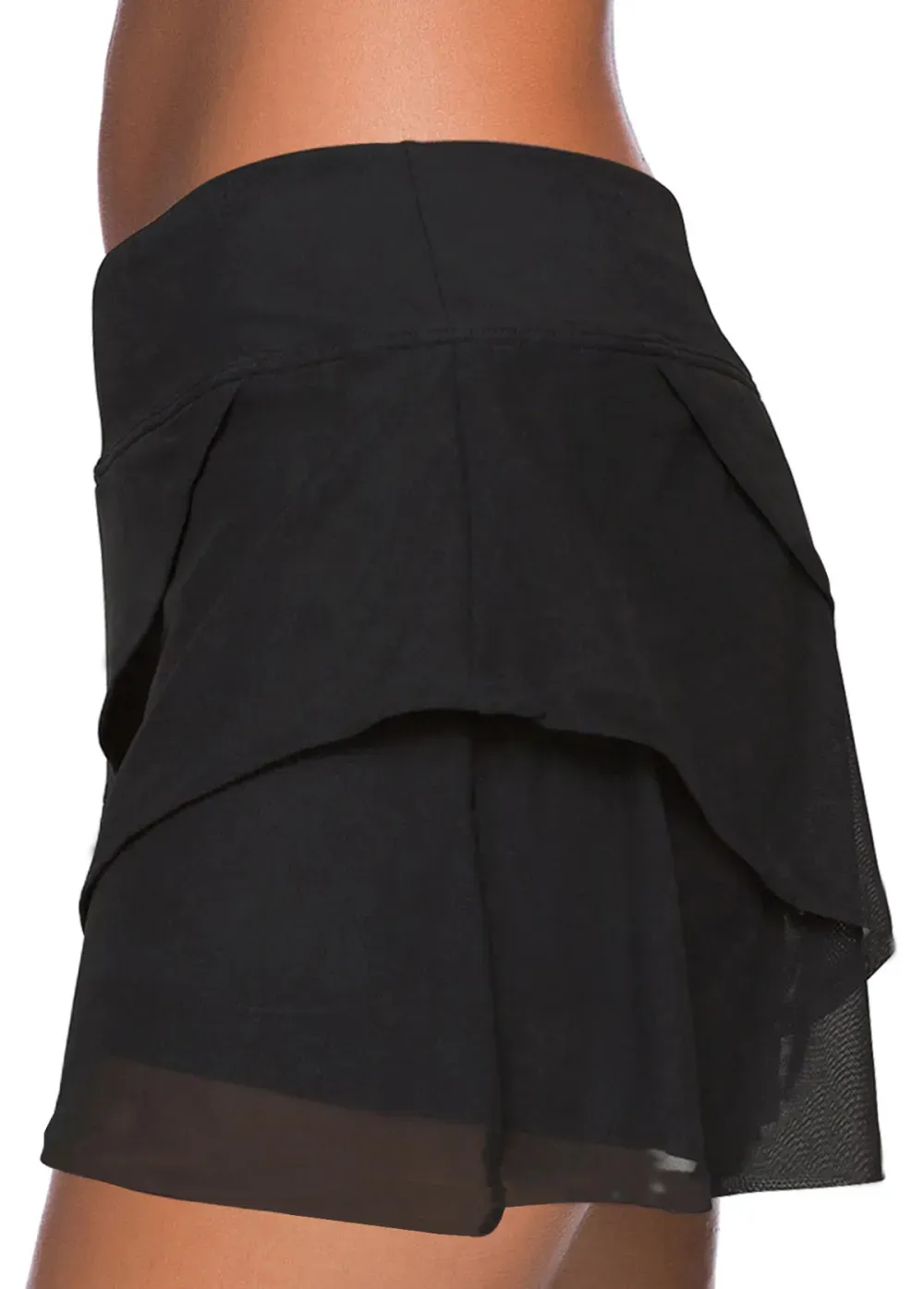 Black High Waisted Layered Swim Skirt