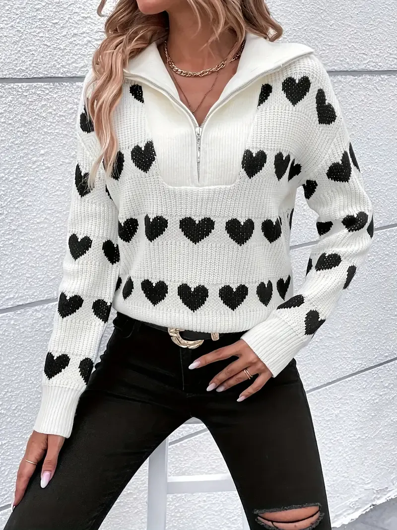 Heart Pattern Half Zip Sweater, Casual Long Sleeve Drop Shoulder Sweater, Women's Clothing