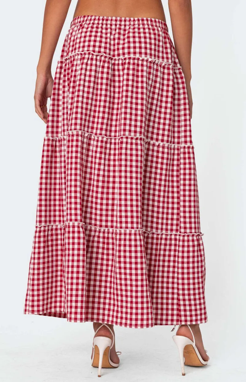 Edikted Gingham Side Slit Tiered Maxi Skirt