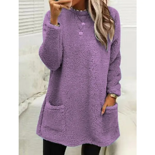 Women's Sweatshirt Pullover Fleece Sports Sherpa Fleece Teddy Pocket Marron Black White Solid Color Street Casual Round Neck Long Sleeve Top Micro-elastic Fall & Winter