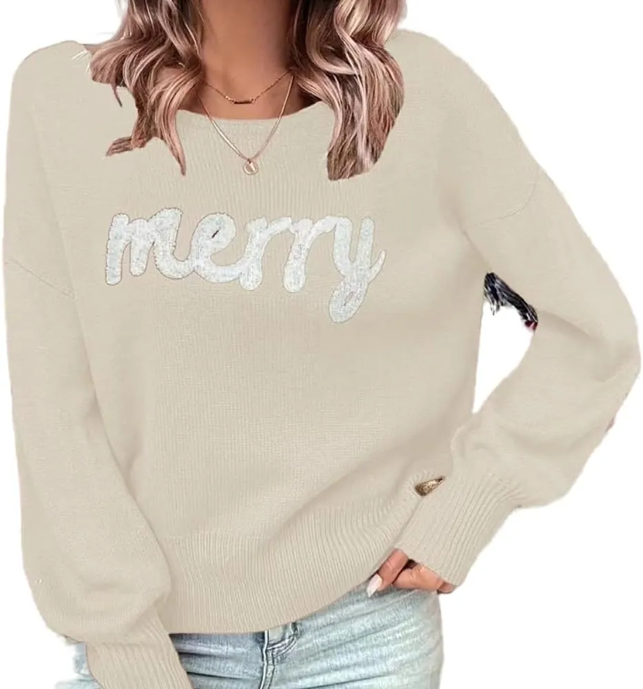 Merry Christmas Sweater for Women, Furry Pattern Xmas Sweatshirt Loose Pullover Tops Knit O Neck Long Sleeves