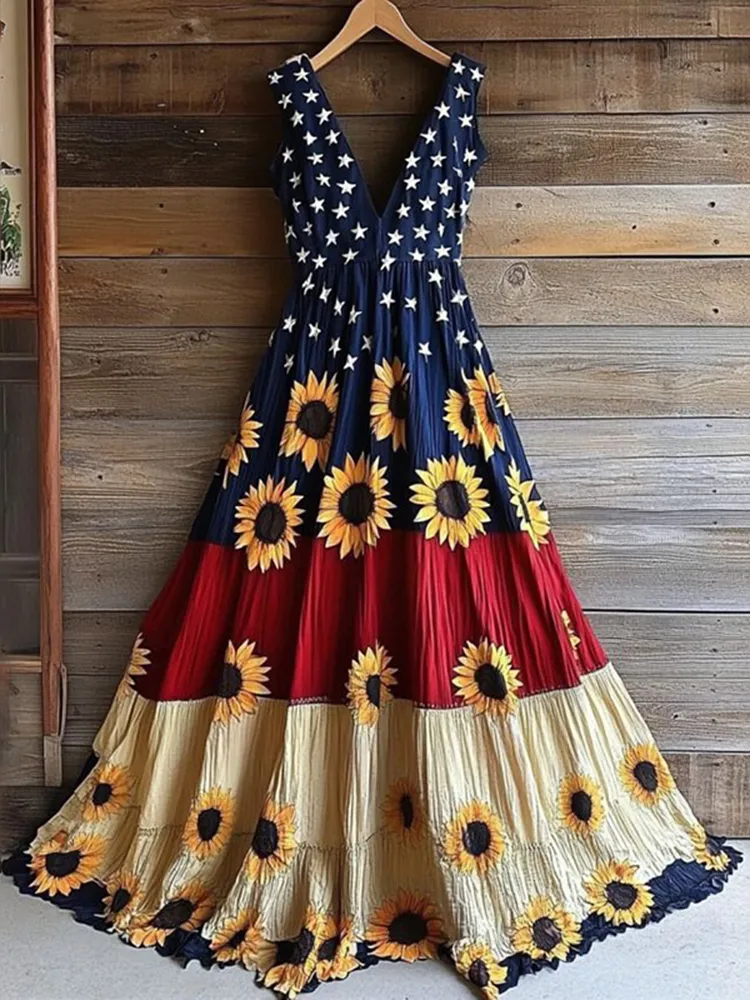 Women's Vintage Independence Day Flag Sunflower Art Linen Midi Dress