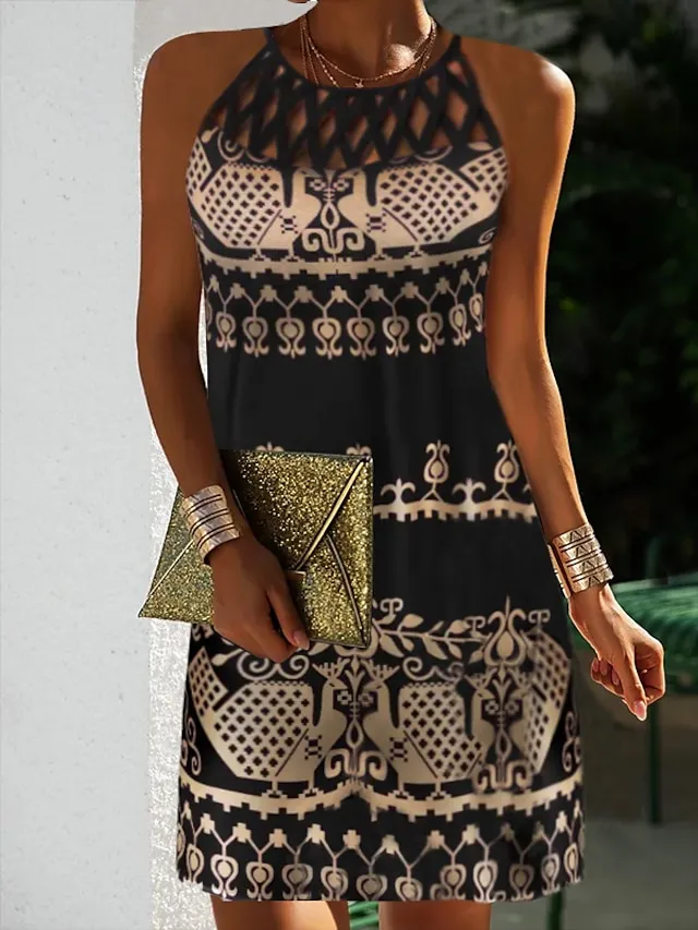 Women's Casual Dress Shift Dress Mini Dress Black Green Dark Blue Sleeveless Floral Ruched Spring Summer Halter Vintage Birthday Daily Ethnic Dress 2023 S M L XL XXL 3XL